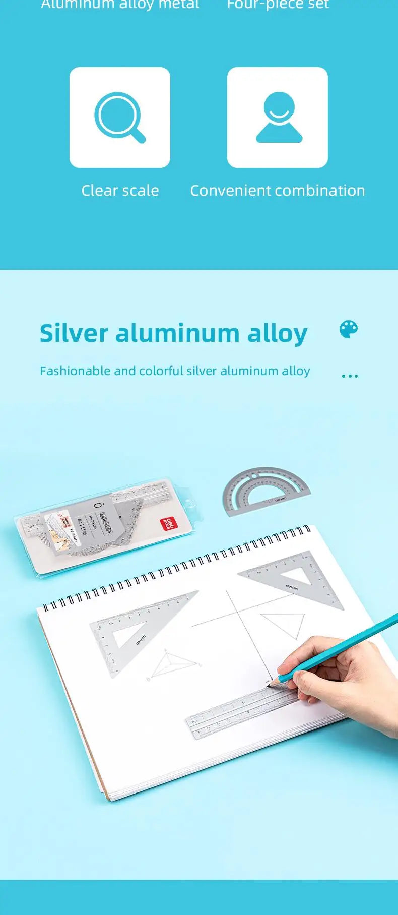 DELI Aluminum Drafting Set 4 PCS Ruler Set for School Straight Ruler Triangular Protractor Stationery