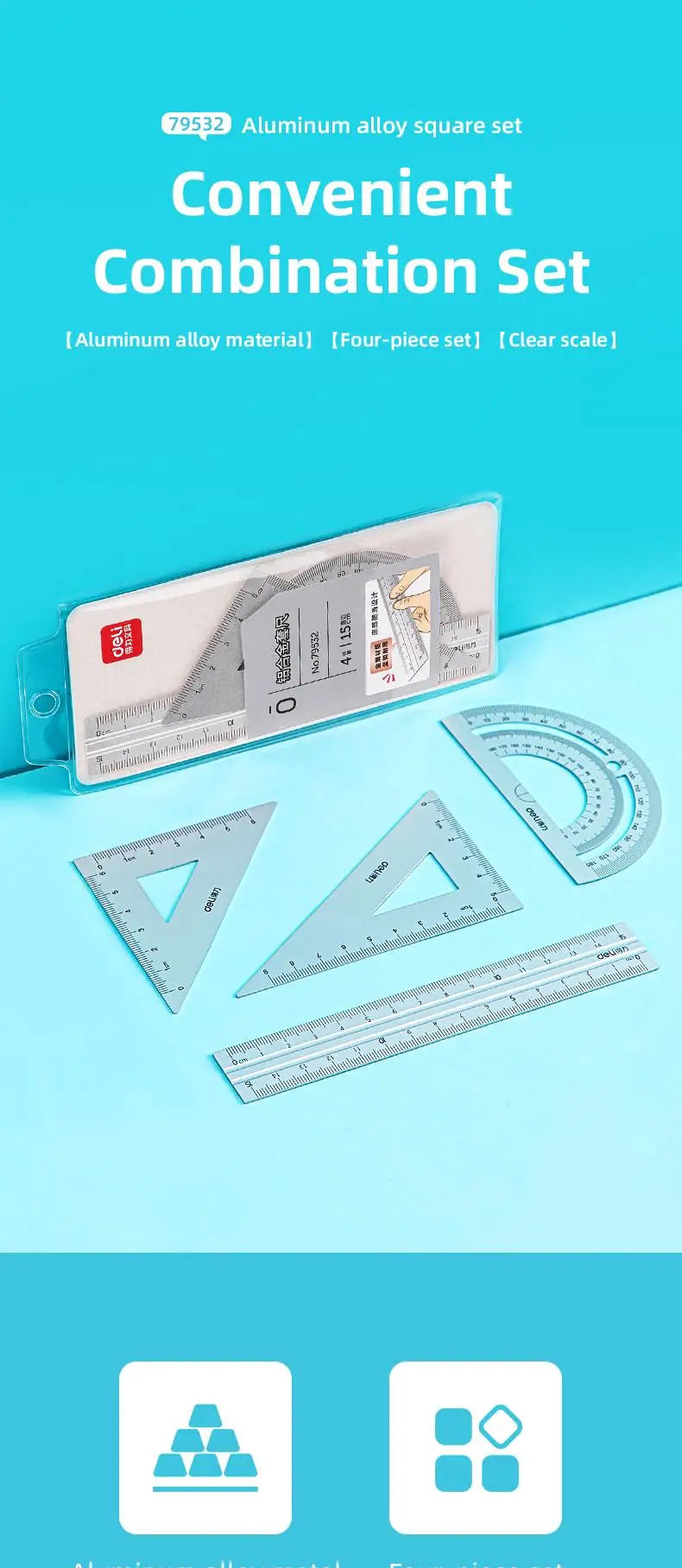 DELI Aluminum Drafting Set 4 PCS Ruler Set for School Straight Ruler Triangular Protractor Stationery