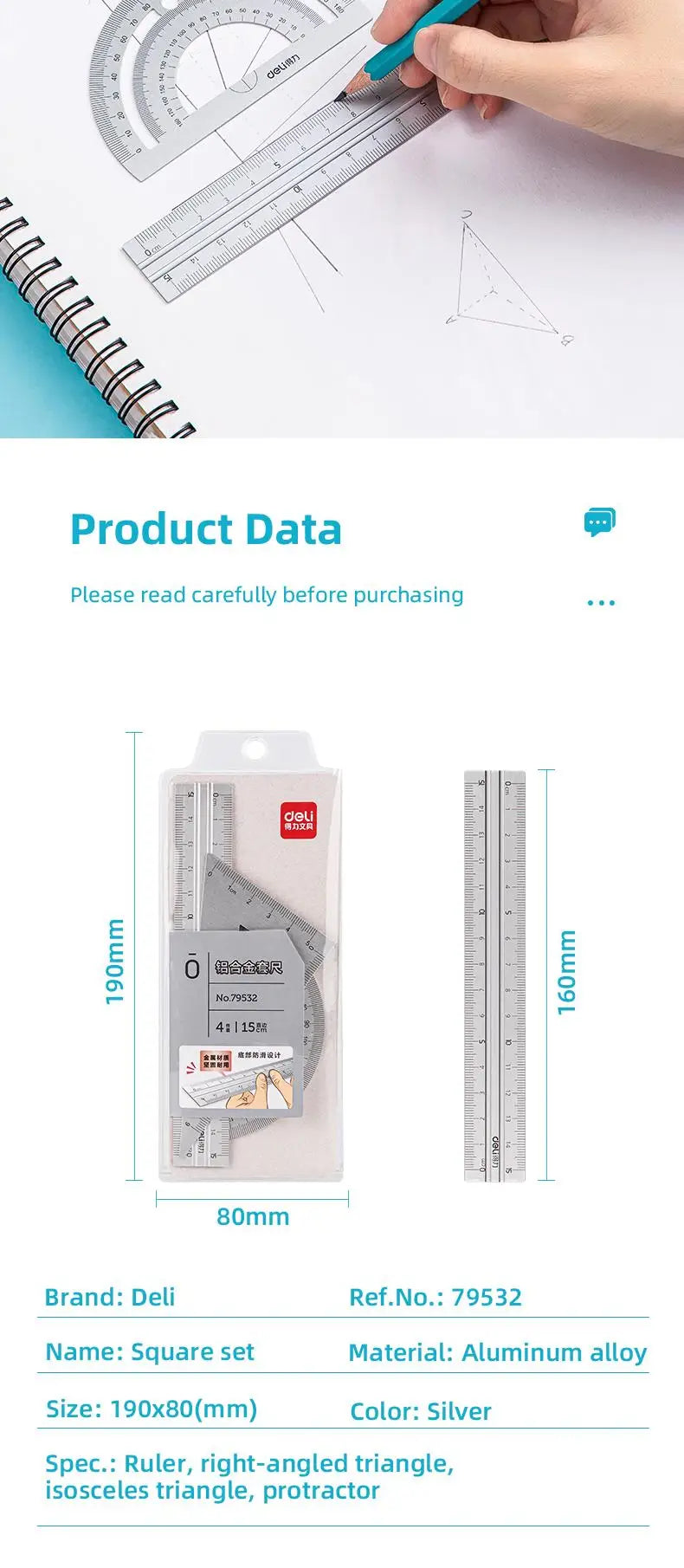 DELI Aluminum Drafting Set 4 PCS Ruler Set for School Straight Ruler Triangular Protractor Stationery