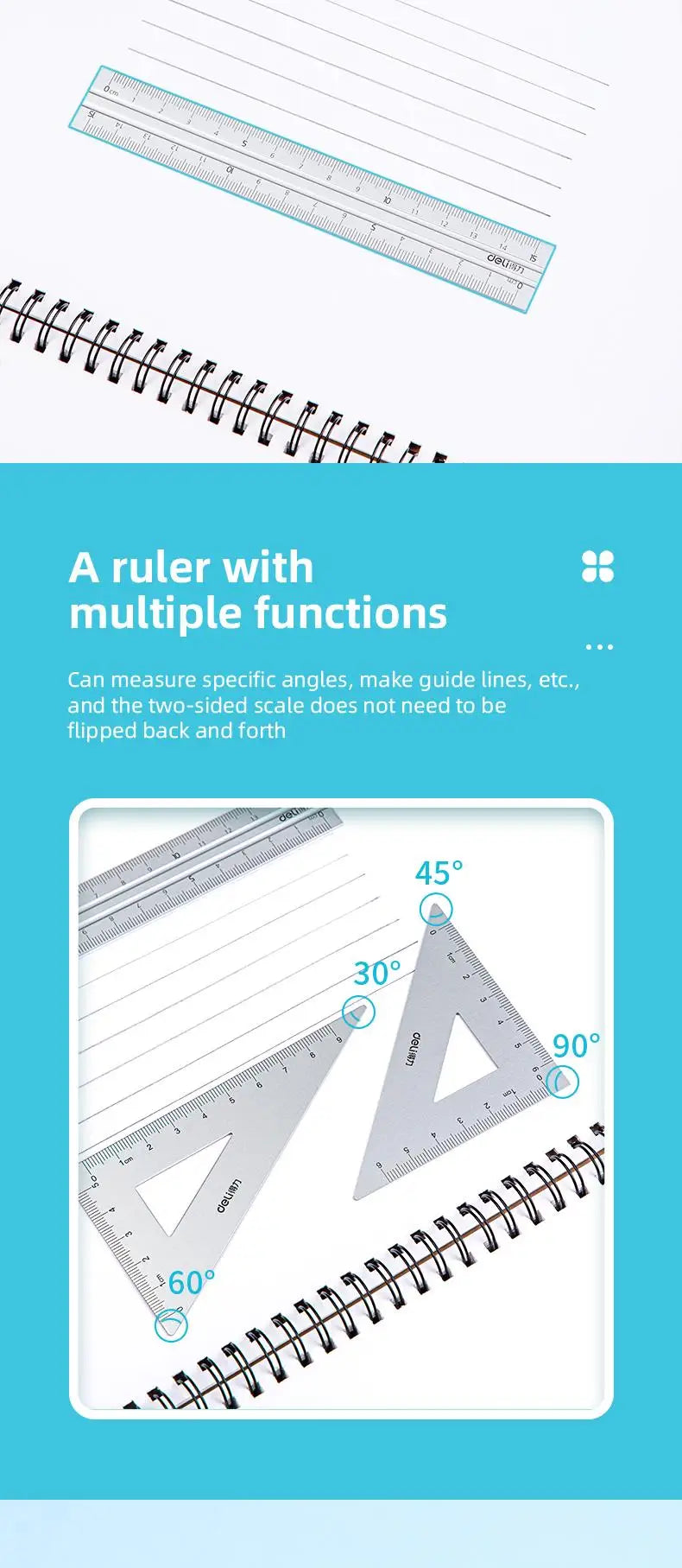 DELI Aluminum Drafting Set 4 PCS Ruler Set for School Straight Ruler Triangular Protractor Stationery