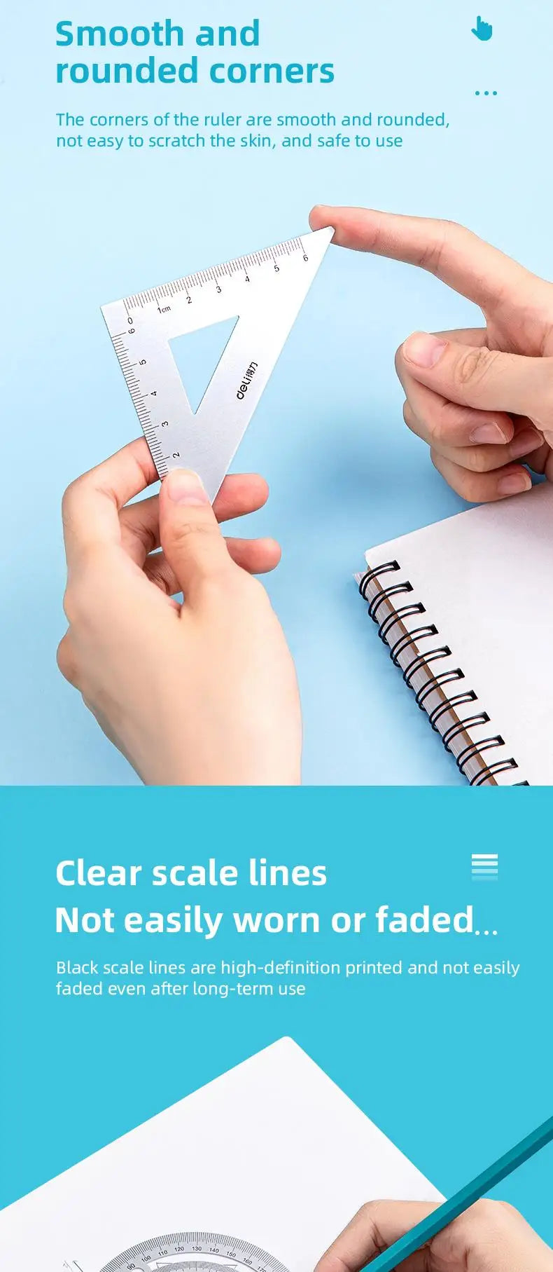 DELI Aluminum Drafting Set 4 PCS Ruler Set for School Straight Ruler Triangular Protractor Stationery